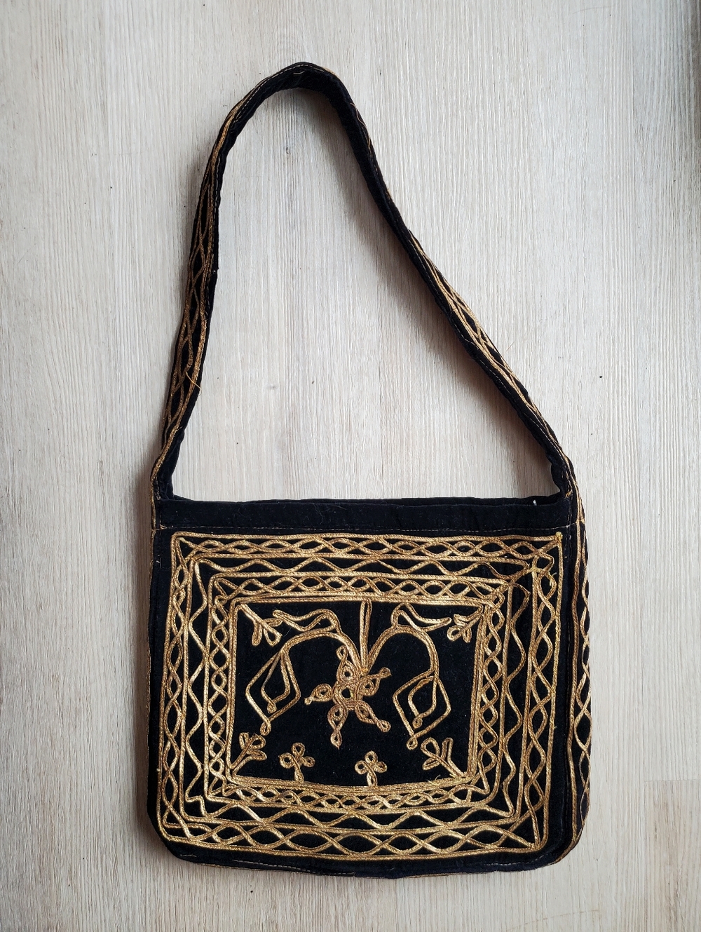 Vintage Indian Black Velvet Shoulder Bag with Gold Embroidered Floral Design